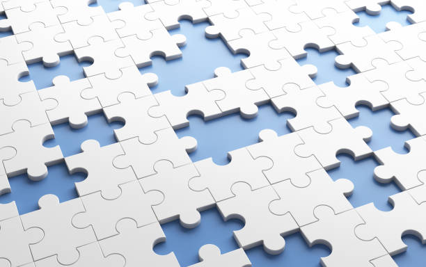 Missing jigsaw puzzle pieces in unfinished work concept. White pattern texture background. 3d illustration stock photo