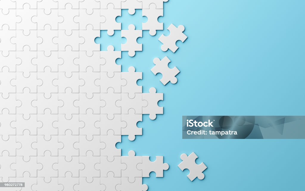 Jigsaw puzzle, pattern texture separated on blue background. 3d illustration Puzzle Stock Photo