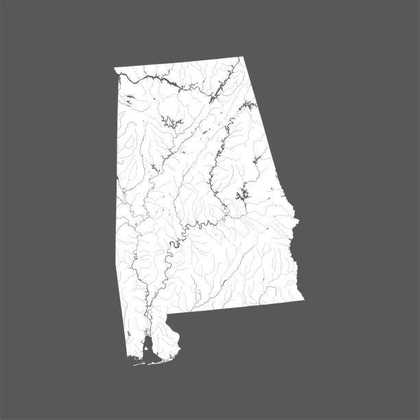 Map of Alabama with lakes and rivers. U.S. states - map of Alabama. Hand made. Rivers and lakes are shown. Please look at my other images of cartographic series - they are all very detailed and carefully drawn by hand WITH RIVERS AND LAKES. alabama stock illustrations