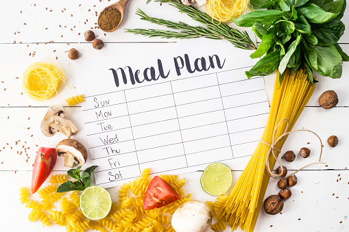 A meal plan for a week on a white table among products for cooking - pastas, basil, vegetables, lime, seeds, nuts and spices. Top view, flat lay, copyspace