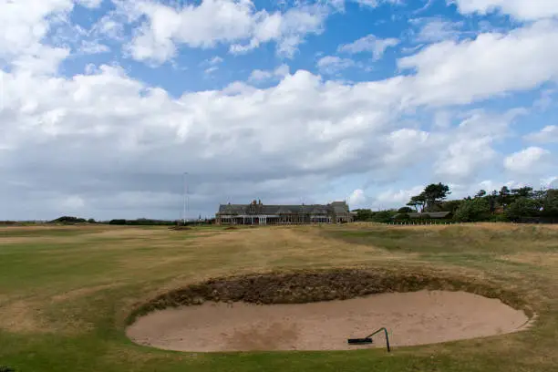 18th hole and clubhouse of Royal Troon Golfclub, Troon, United Kingdom