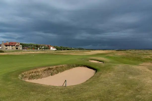 Dark sky over the 16th green of Royal Troon Golfclub, Troon, United Kingdom