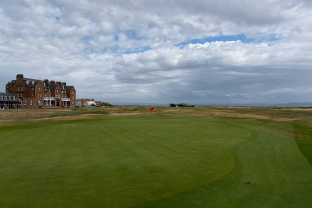 View of Royal Troon Golfclub from the 18th green and The Marine Hotel stock photo