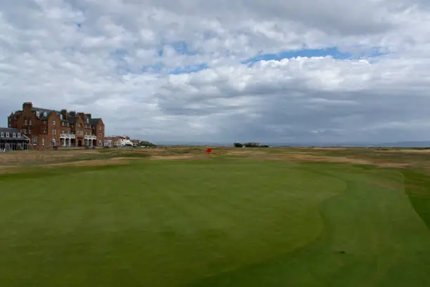 View of Royal Troon Golfclub from the 18th green and The Marine Hotel, Troon, United Kingdom