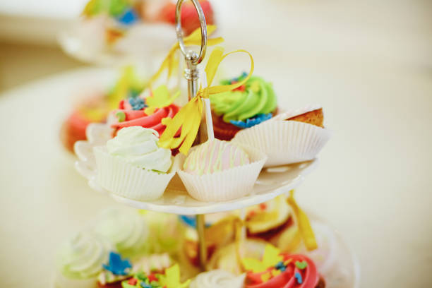 candy bar buffet with cake-stand design for luxury wedding or birthday. decorative dessert for garden party or holiday ornament