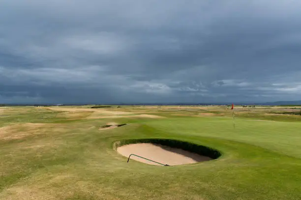 View of the golfcourse of Royal Troon Golfclub from the 16th green, Troon,  United Kingdom
