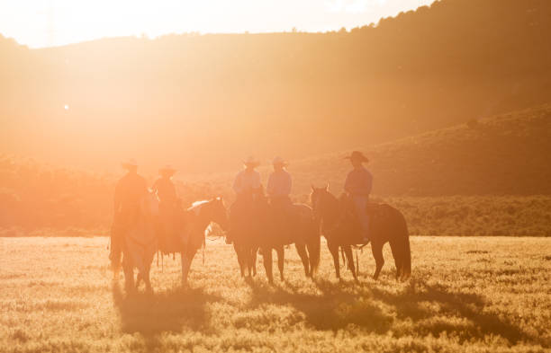 Cowboys on horses in sunset