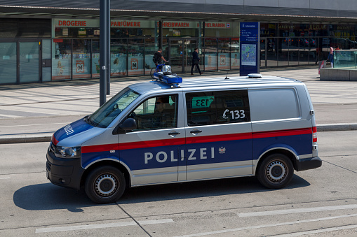 Vienna, Austria - June 18 2018: Police van patrolling outside of Wien Hbf train station.