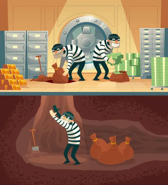 Vector illustration of Vector bank vault robbery by thieves, criminals