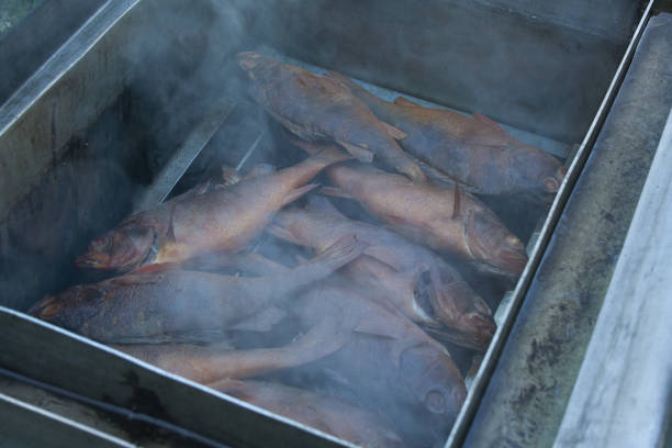 Grilled fish with spices on fire. Grilling fish surmullet on campfire (BBQ). Closeup, selective focus