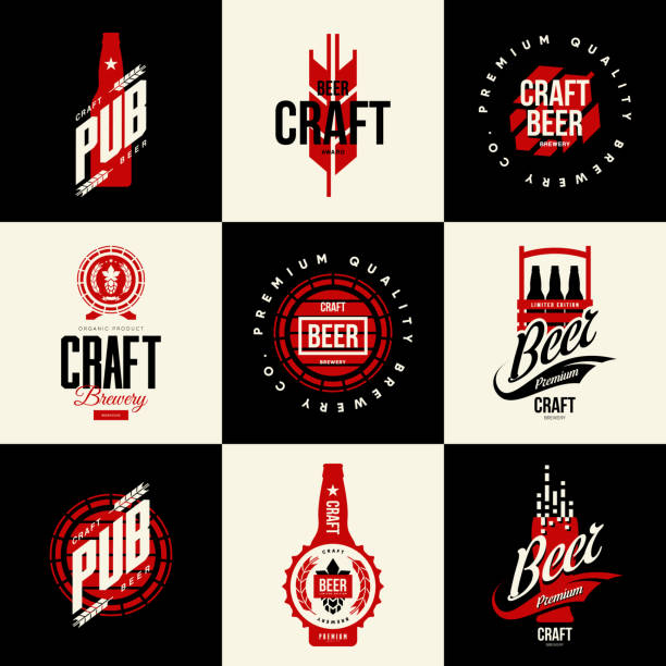 nowoczesny znak logo piwa rzemieślniczego w barze, pubie, browarze lub warzelni. - beer stock illustrations