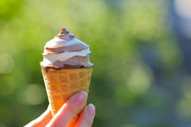 istock Ice cream cone, chocolate ice cream on blurred background, milk dessert on summer vacation, blank for designer, copy space, milk product 980316438