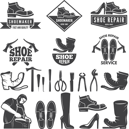 Monochrome illustrations of various tools for shoe repair. Labels or icons for clothing factory. Vector shoe repair, shoemaker profession, repairman and craftsmanship