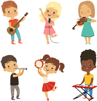 Different kids singing. Musicians isolate on white. Vector musician young, singer with microphone,performance, talent performer illustration