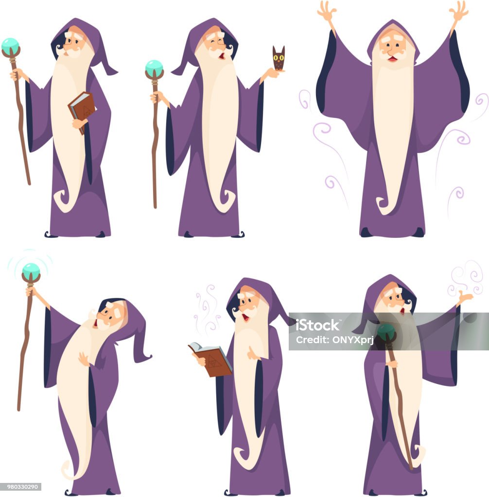 Cartoon wizard character in various poses Cartoon wizard character in various poses. Magician sorcerer with wand, witchcraft and spell, vector illustration Wizard stock vector