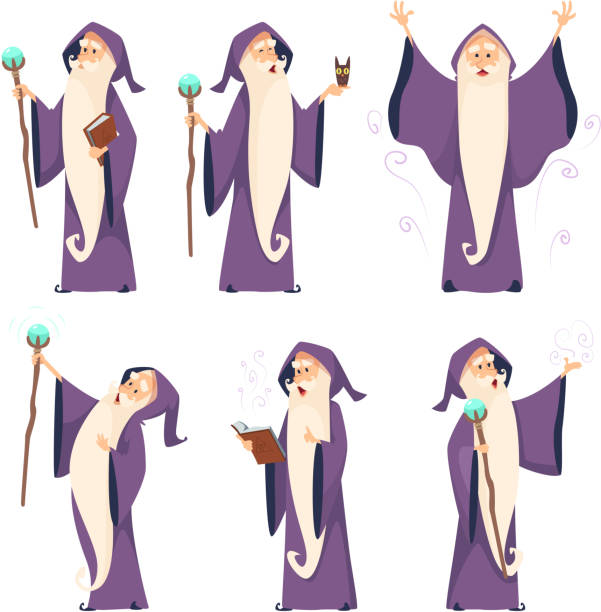 Cartoon wizard character in various poses Cartoon wizard character in various poses. Magician sorcerer with wand, witchcraft and spell, vector illustration merlin the wizard stock illustrations