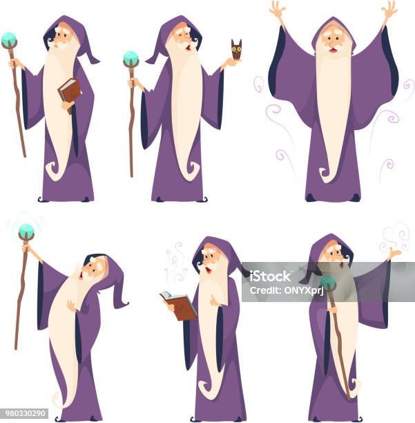 Cartoon Wizard Character In Various Poses Stock Illustration - Download Image Now - Wizard, Magician, Fantasy