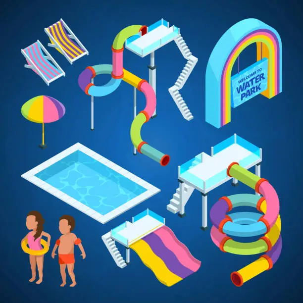 Vector illustration of Isometric pictures of water park. Various attractions at swimming pools