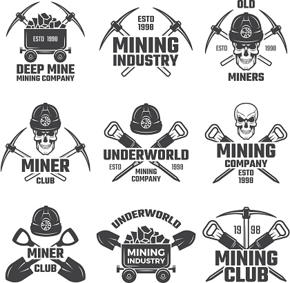 Industrial gold and various mineral mining. Black labels vector set. Mine mineral emblem, underworld club, company mining extraction illustration