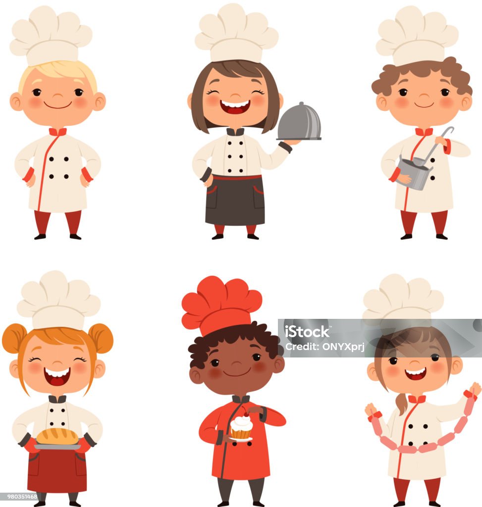Kids characters prepare food Kids characters prepare food. Character child chef profession, waiter and baker, confectioner illustration Chef stock vector