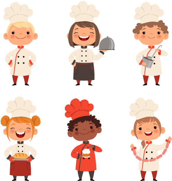 Kids characters prepare food Kids characters prepare food. Character child chef profession, waiter and baker, confectioner illustration chef backgrounds stock illustrations