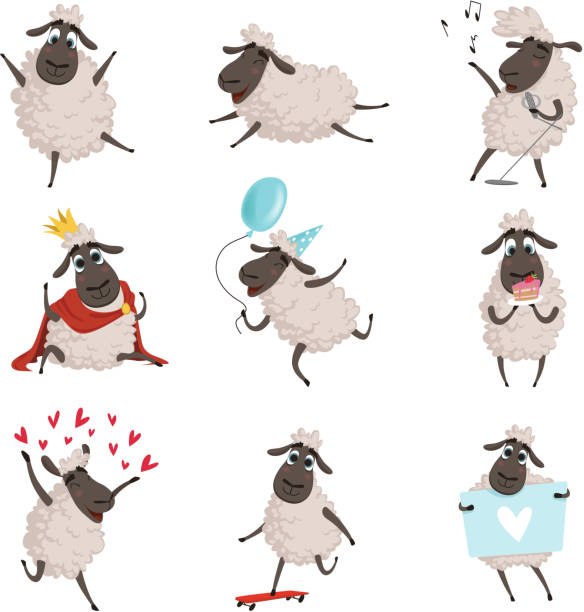 Cartoon farm animals. Sheep playing and making different actions. Vector characters set isolate on white Cartoon farm animals. Sheep playing and making different actions. Vector characters set isolate on white. Animal farm play illustration sheep stock illustrations