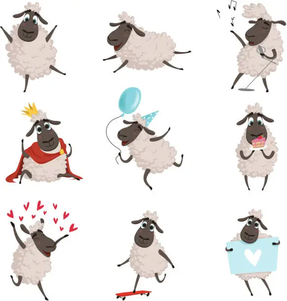 Vector illustration of Cartoon farm animals. Sheep playing and making different actions. Vector characters set isolate on white