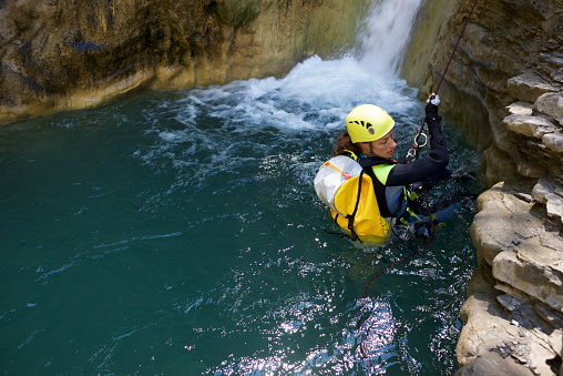 Canyoning in Lucas Canyon, Tena Valley, Pyrenees, Huesca Province, Aragon, Spain.