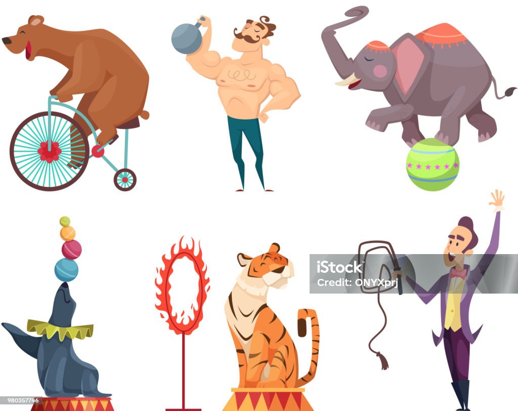 Mascottes de cirque. Clouns, artistes interprètes ou exécutants, jongleur et autres personnages du Cirque - clipart vectoriel de Cirque libre de droits