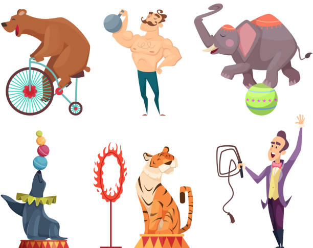 illustrazioni stock, clip art, cartoni animati e icone di tendenza di mascotte da circo. clouns, performer, giocoliere e altri personaggi del circo - circus animal