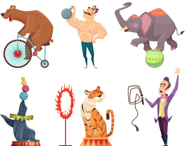 maskotki cyrkowe. clouns, wykonawców, żongler i inne postacie cyrku - circus animal stock illustrations