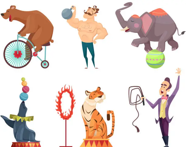 Vector illustration of Circus mascots. Clouns, performers, juggler and other characters of circus