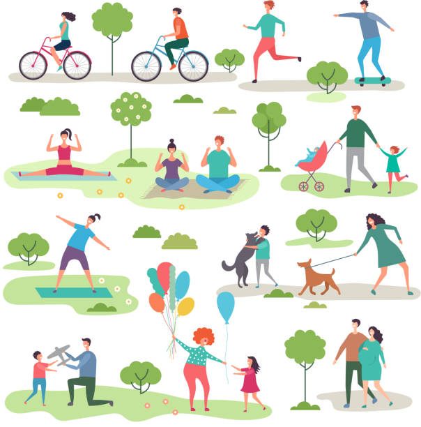 illustrations, cliparts, dessins animés et icônes de diverses activités de plein air dans le parc urbain. groupe de la marche des peuples - women health backgrounds people lifestyle