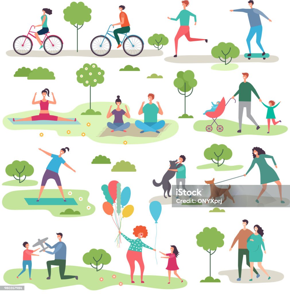 Various outdoor activities in the urban park. Group of walking peoples Various outdoor activities in the urban park. Group of walking peoples. Illustration of recreation jogging with dog, exercise fitness outdoor Healthy Lifestyle stock vector