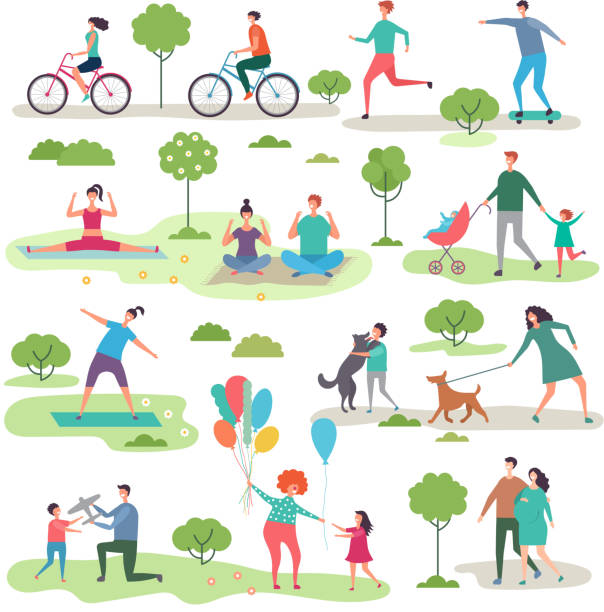 Various outdoor activities in the urban park. Group of walking peoples Various outdoor activities in the urban park. Group of walking peoples. Illustration of recreation jogging with dog, exercise fitness outdoor walking backgrounds stock illustrations