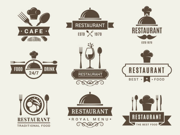 illustrazioni stock, clip art, cartoni animati e icone di tendenza di logotipi e badge per ristorante - ristorante