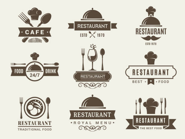 Logotypes and badges for restaurant Logotypes and badges for restaurant of set. Vector traditional emblem for menu cafe illustration restaurant logos stock illustrations