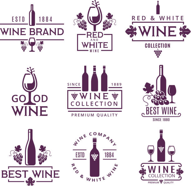 Logotypes or badges of wine brands Logotypes or badges of wine brands. Emblem beverage winery, branding badge company. Vector illustration wine and oenology graphic stock illustrations