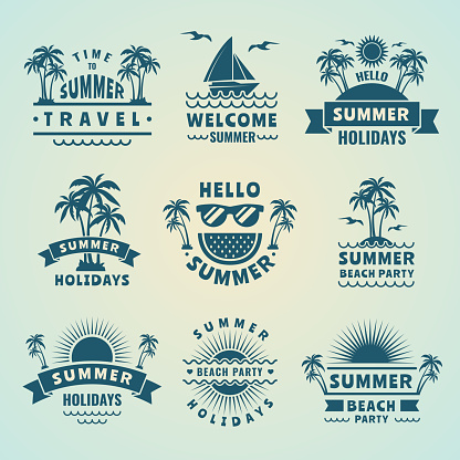 Summer labels. Vector illustrations of tropical logos and badges. Beach party sea, vacation and holiday