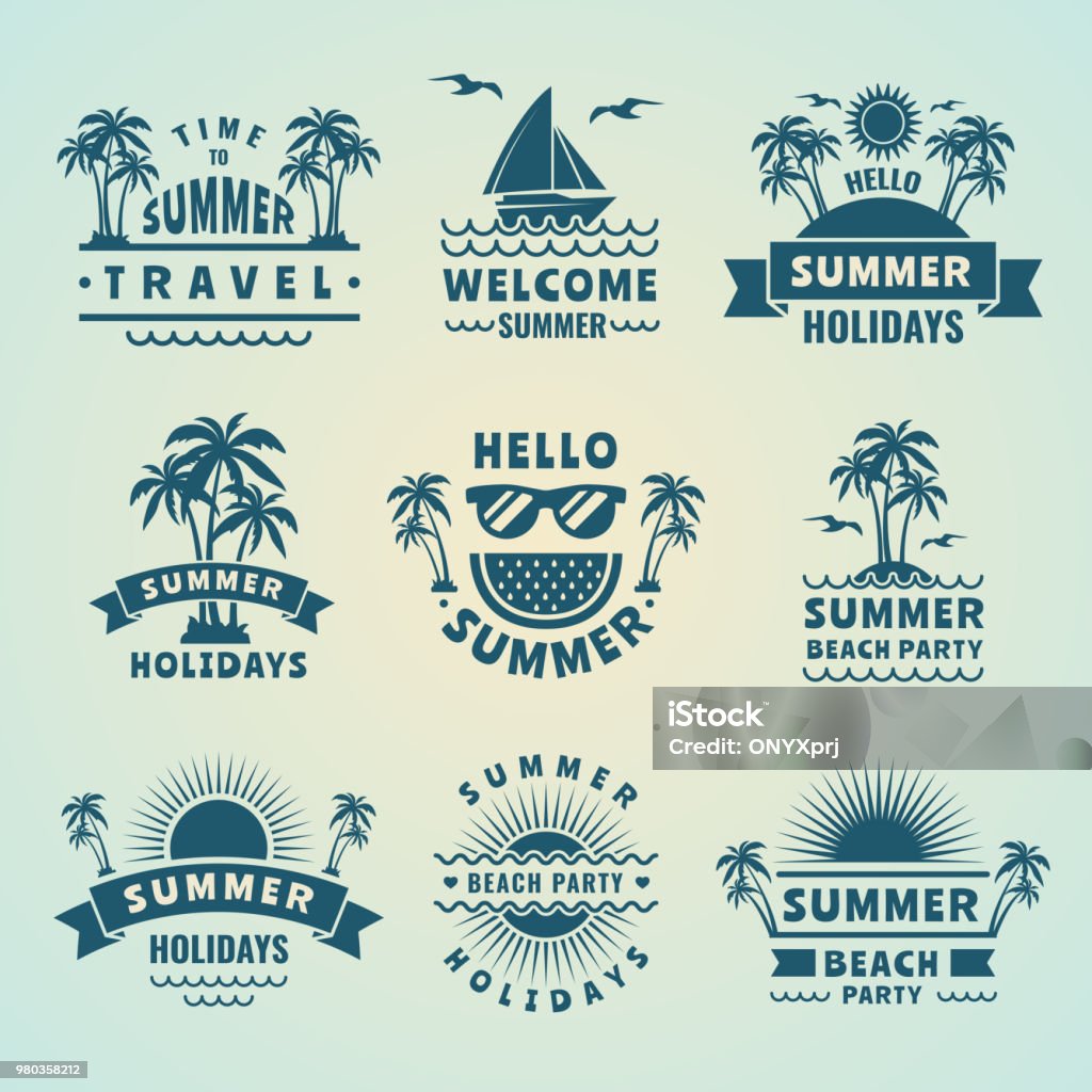 Summer labels. Vector illustrations of tropical logos and badges Summer labels. Vector illustrations of tropical logos and badges. Beach party sea, vacation and holiday Summer stock vector