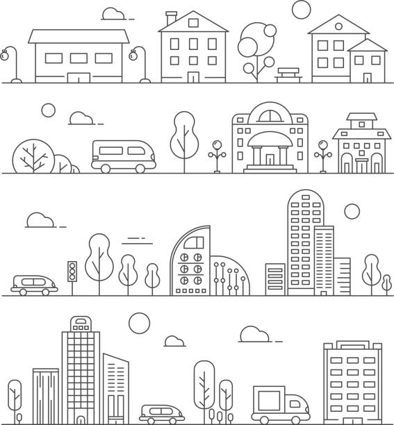 Line urban landscapes. Set of various city buildings Line urban landscapes. Set of various city buildings. Urban city town linear, building house architecture street. Vector illustration house outside drawings stock illustrations