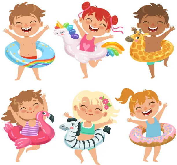 Vector illustration of Happy childrens dressed in rubber circles. Playing games in water park