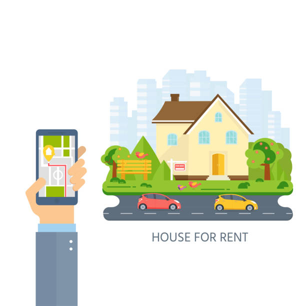 istock Banner for sales, hand holding phone with advertising house, cot 980363214