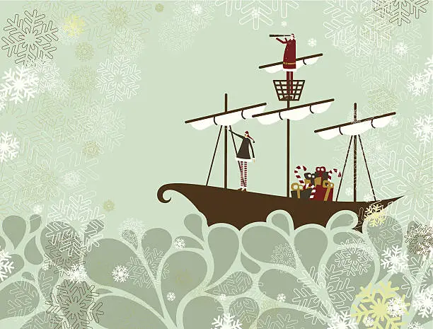 Vector illustration of Santa and elf traveling by sea