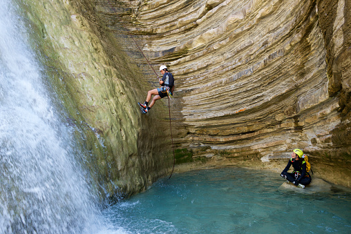 Canyoning in Lucas Canyon, Tena Valley, Pyrenees, Huesca Province, Aragon, Spain.