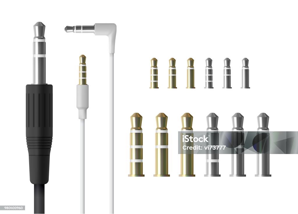 Realistic audio mini jack plug set. Isolated vector illustration of white connector. Realistic audio mini jack plug set. Isolated vector illustration of white connector Interconnect Plug stock vector