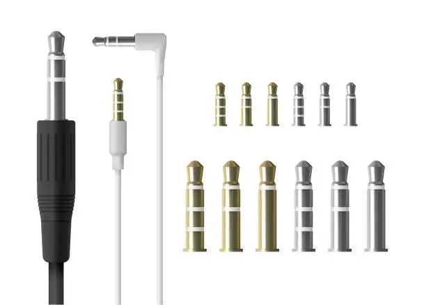 Vector illustration of Realistic audio mini jack plug set. Isolated vector illustration of white connector.