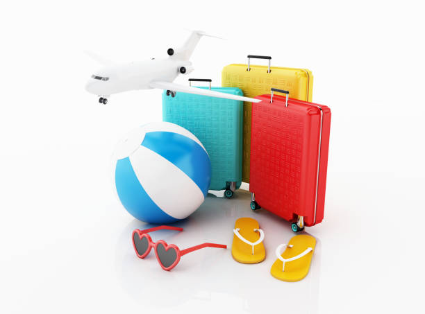 istock 3d Travel suitcase with Beach ball and flip flops. 980406278