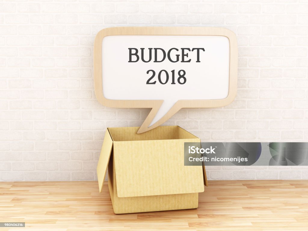 3d Speech bubble Budget 2018 3d illustration. Opened box with Speech bubble with Budget 2018 against brick wall. Business concept. 2018 Stock Photo