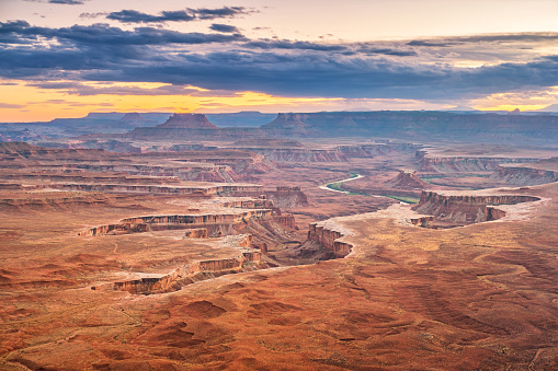 Landscape stock photograph of Monument Basin as seen from Grand View Point in Canyonlands National Park in Utah USA at sunset.